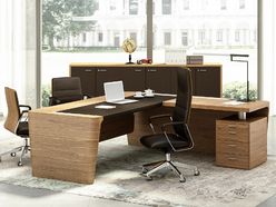 Bureau de direction Genesis avec inserts cuir, retour et caisson