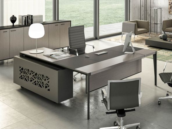 Bureau de direction Astropol avec insert en cuir, retour et caisson